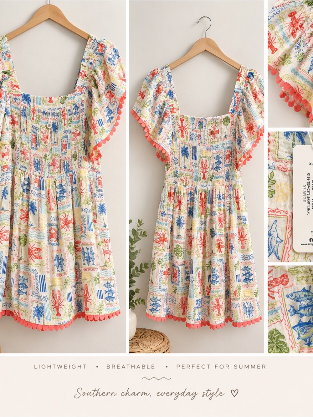 Simply Southern White Tropical Print with lobster Smocked Top with Coral Trim